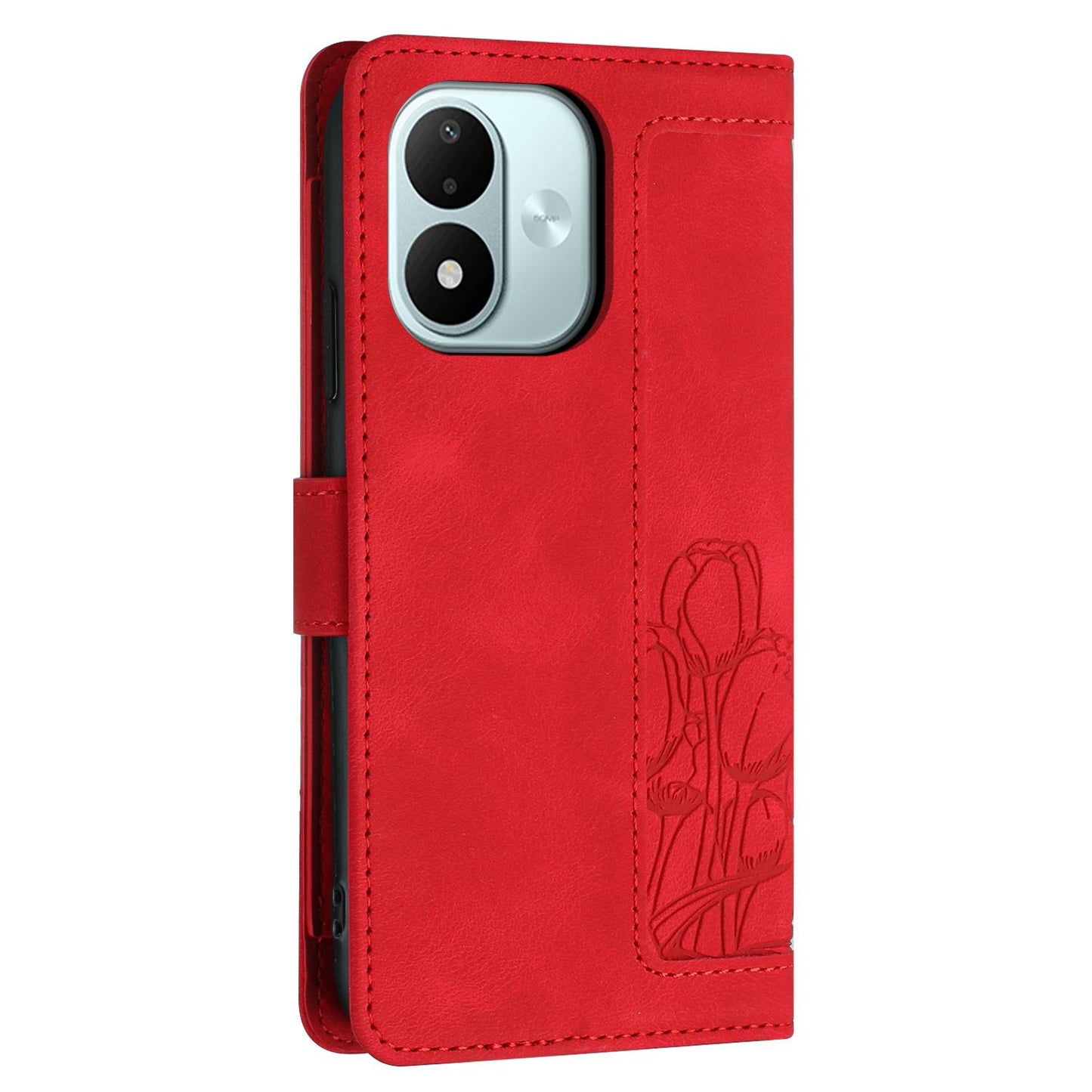 For Redmi Note 17 4G Global 171mm Tulips Embossed Leather Phone Case with Lanyard(Red)