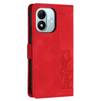 For Redmi Note 17 4G Global 171mm Tulips Embossed Leather Phone Case with Lanyard(Red)