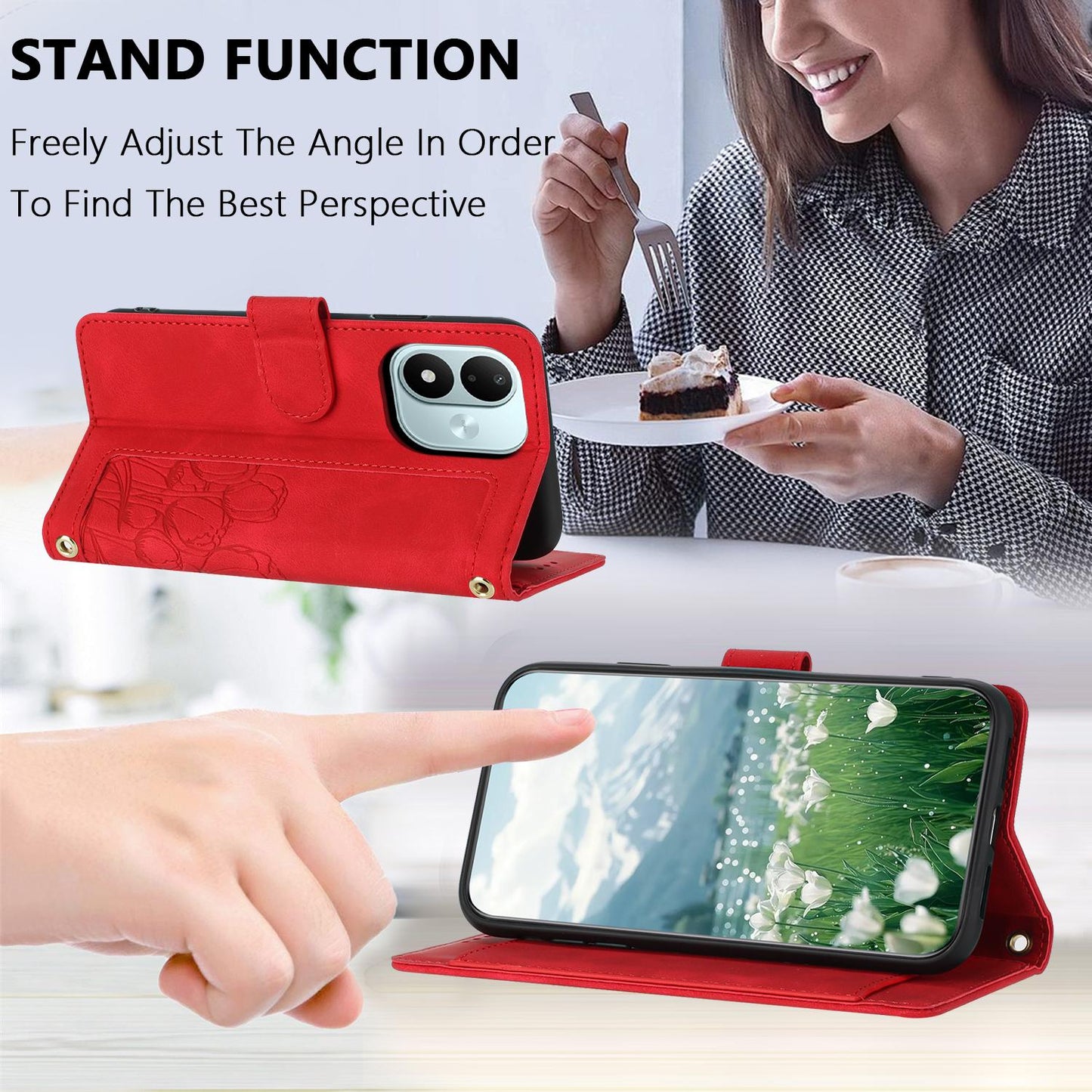 For Redmi Note 17 4G Global 171mm Tulips Embossed Leather Phone Case with Lanyard(Red)
