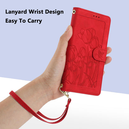 For Redmi Note 17 4G Global 171mm Tulips Embossed Leather Phone Case with Lanyard(Red)