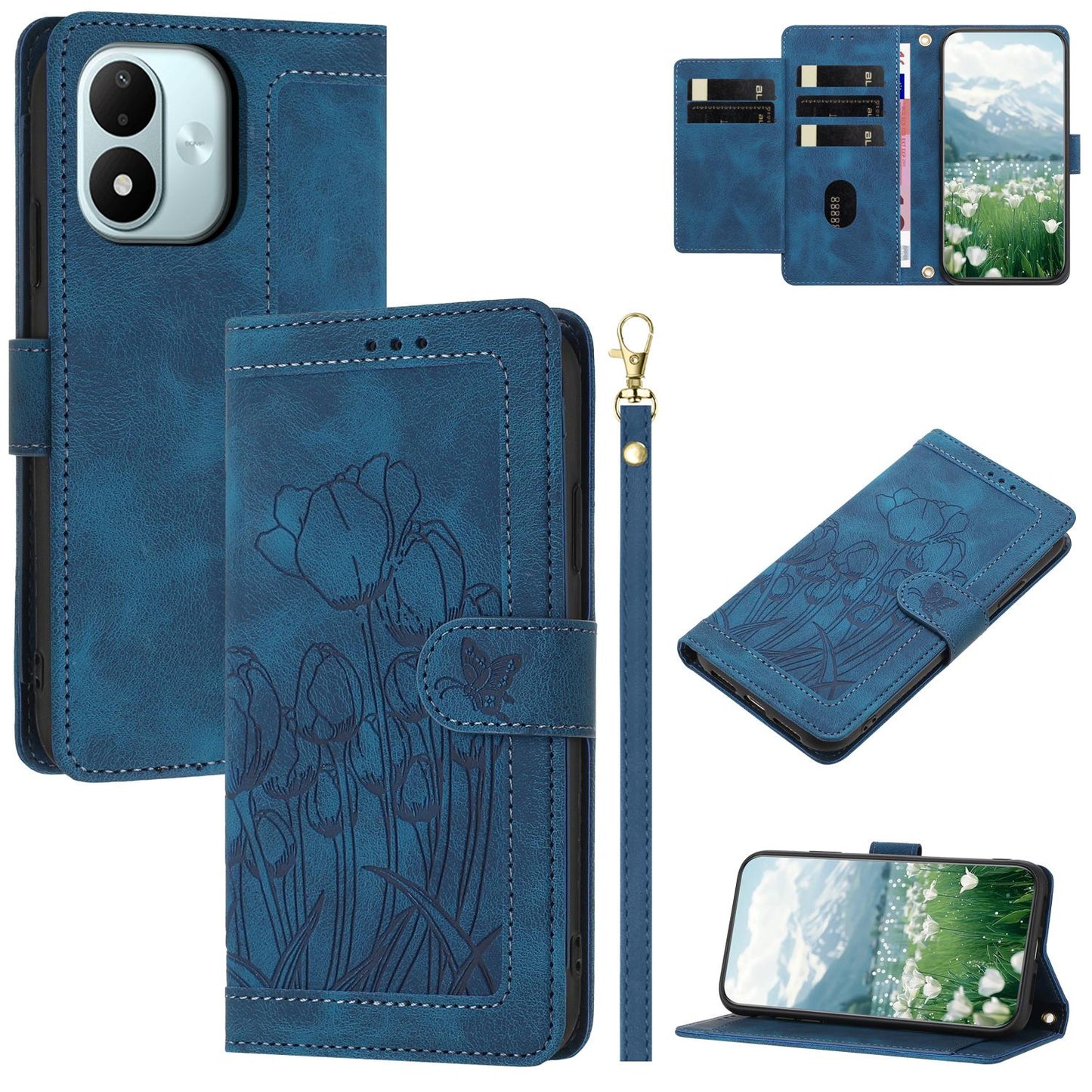 For Redmi Note 17 4G Global 171mm Tulips Embossed Leather Phone Case with Lanyard(Blue)