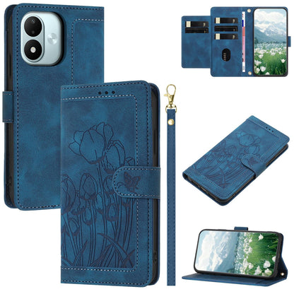 For Redmi Note 17 4G Global 171mm Tulips Embossed Leather Phone Case with Lanyard(Blue)