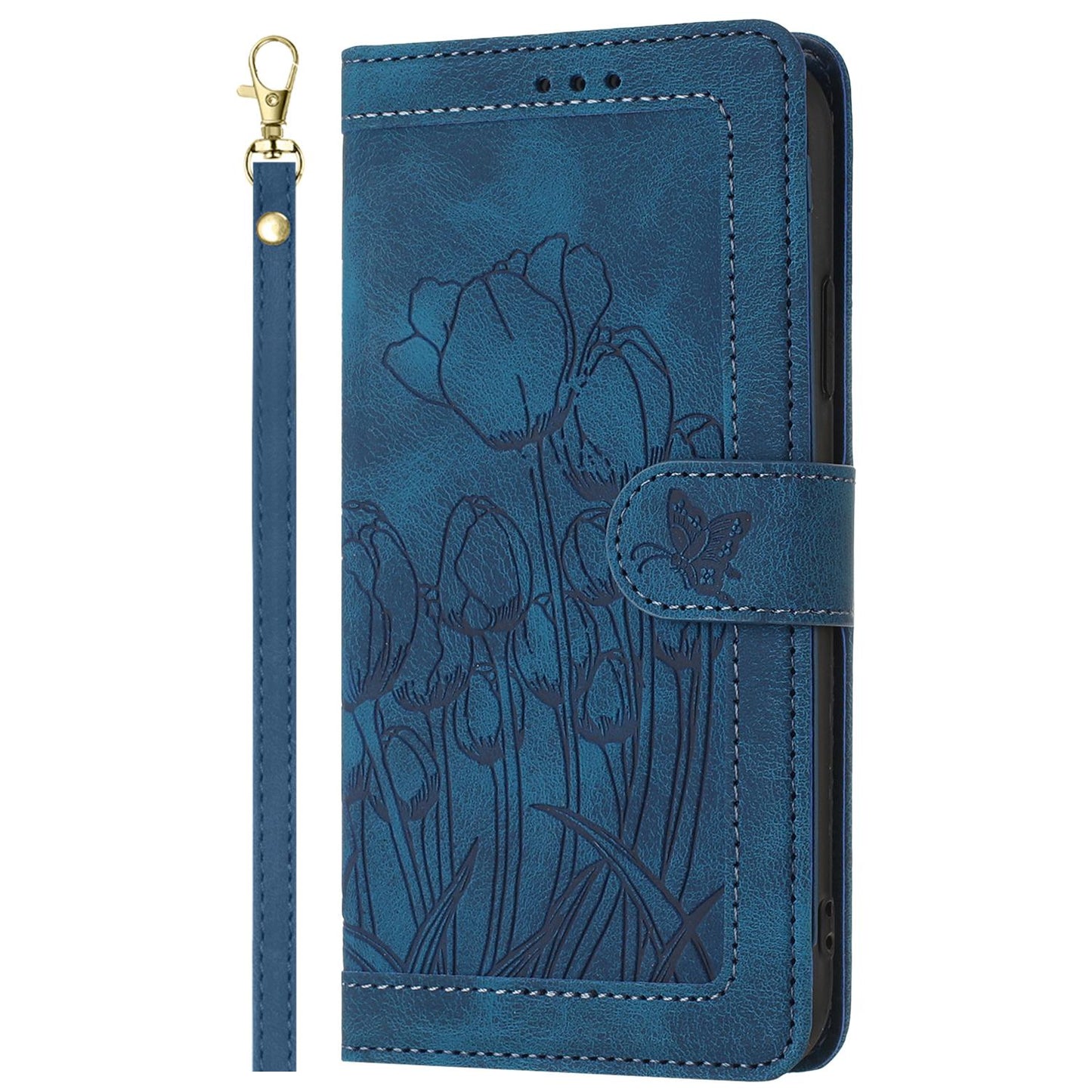 For Redmi Note 17 4G Global 171mm Tulips Embossed Leather Phone Case with Lanyard(Blue)