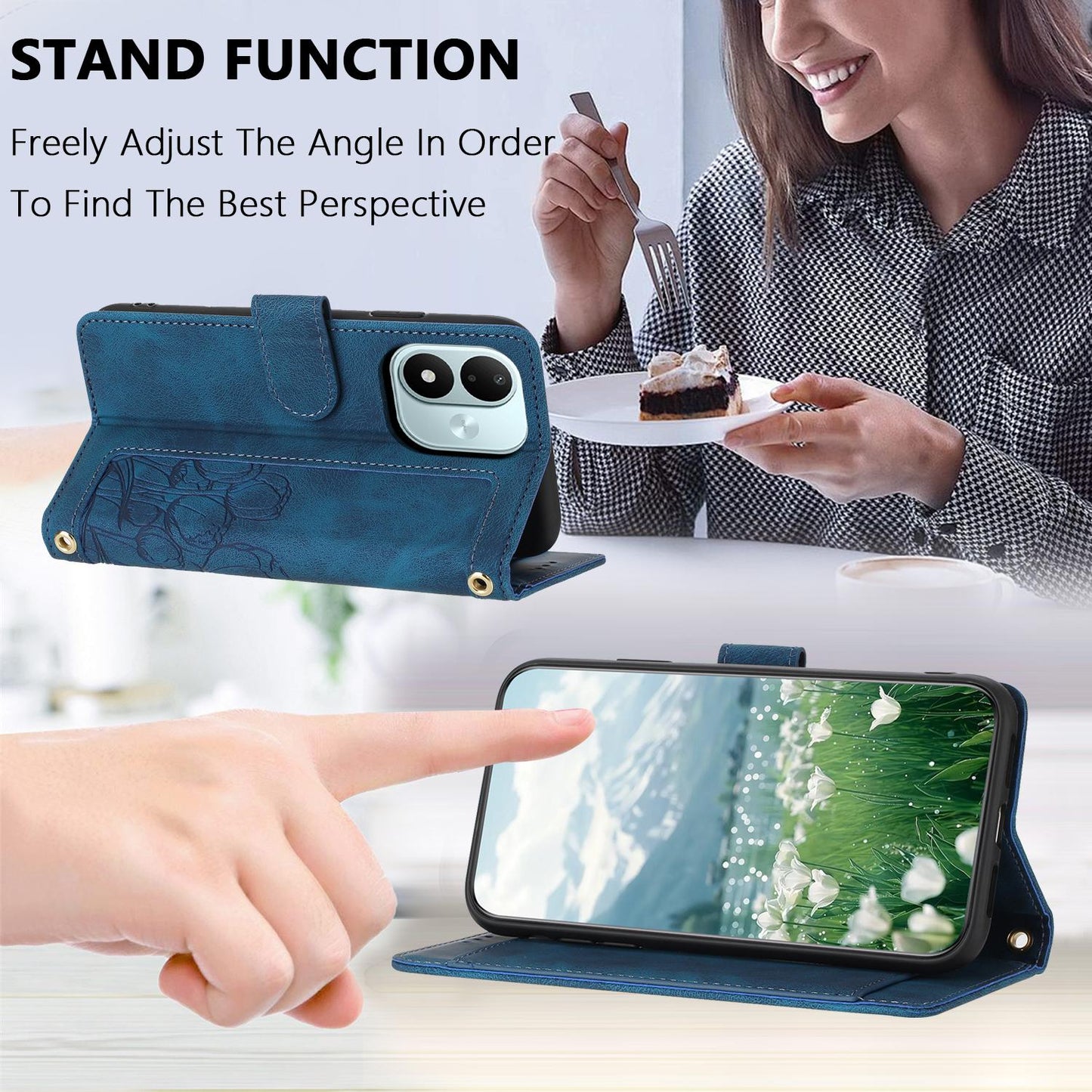 For Redmi Note 17 4G Global 171mm Tulips Embossed Leather Phone Case with Lanyard(Blue)