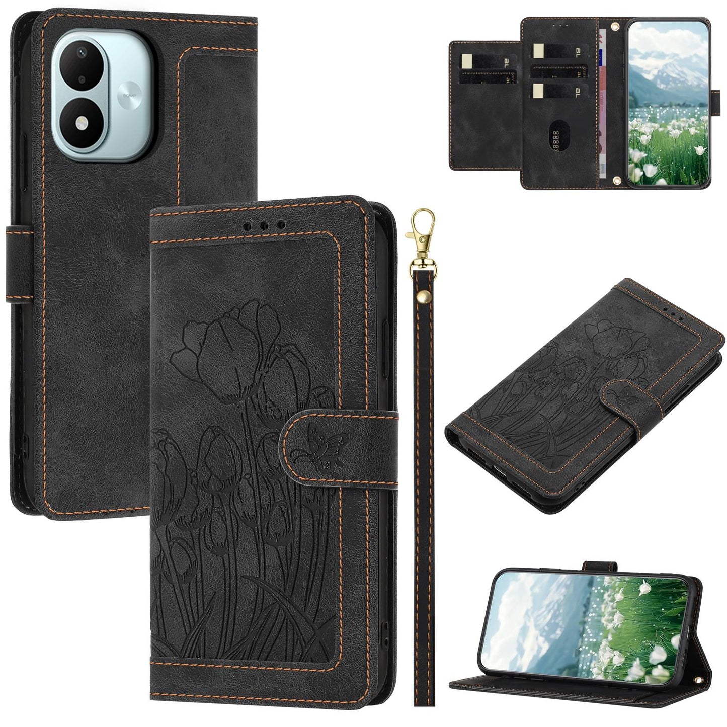 For Redmi Note 17 4G Global 171mm Tulips Embossed Leather Phone Case with Lanyard(Black)