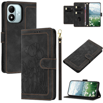 For Redmi Note 17 4G Global 171mm Tulips Embossed Leather Phone Case with Lanyard(Black)