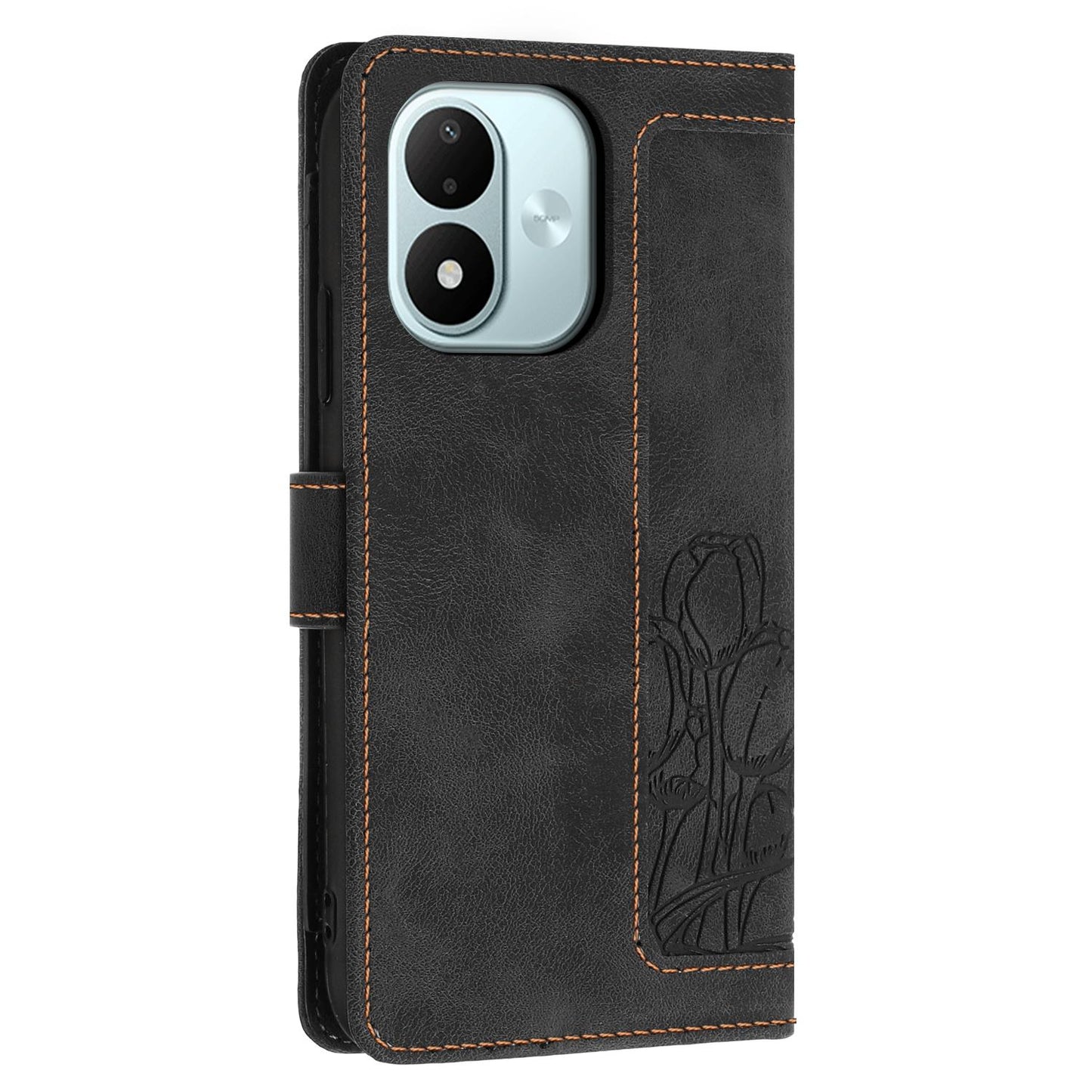 For Redmi Note 17 4G Global 171mm Tulips Embossed Leather Phone Case with Lanyard(Black)