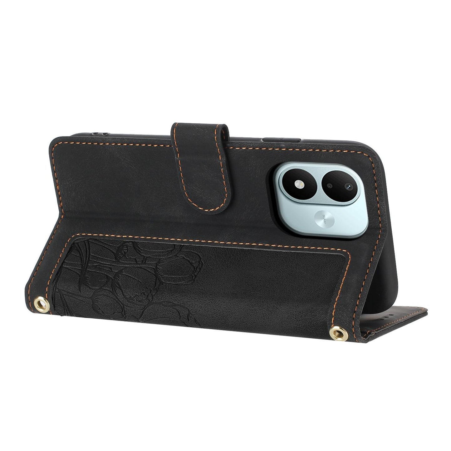For Redmi Note 17 4G Global 171mm Tulips Embossed Leather Phone Case with Lanyard(Black)