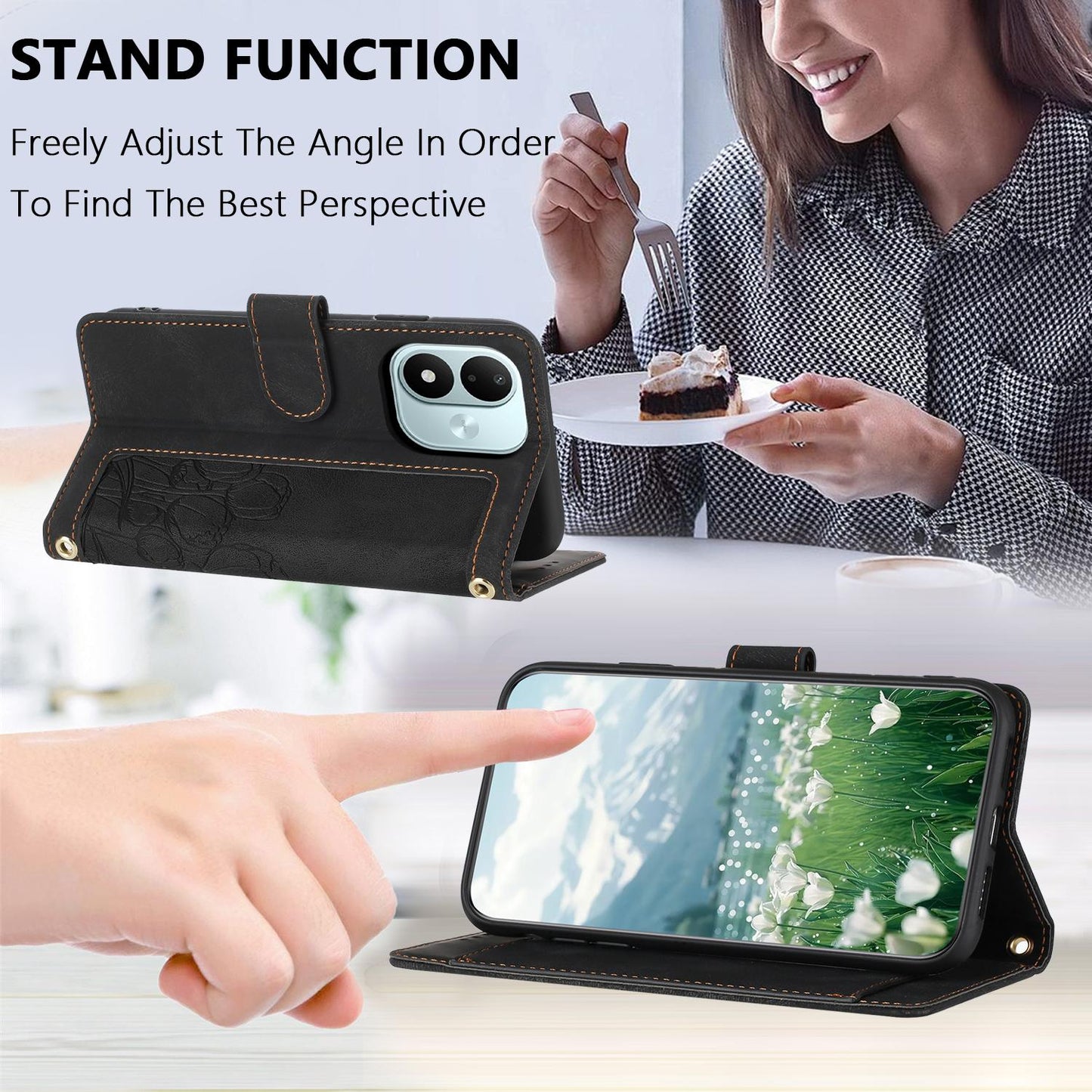 For Redmi Note 17 4G Global 171mm Tulips Embossed Leather Phone Case with Lanyard(Black)