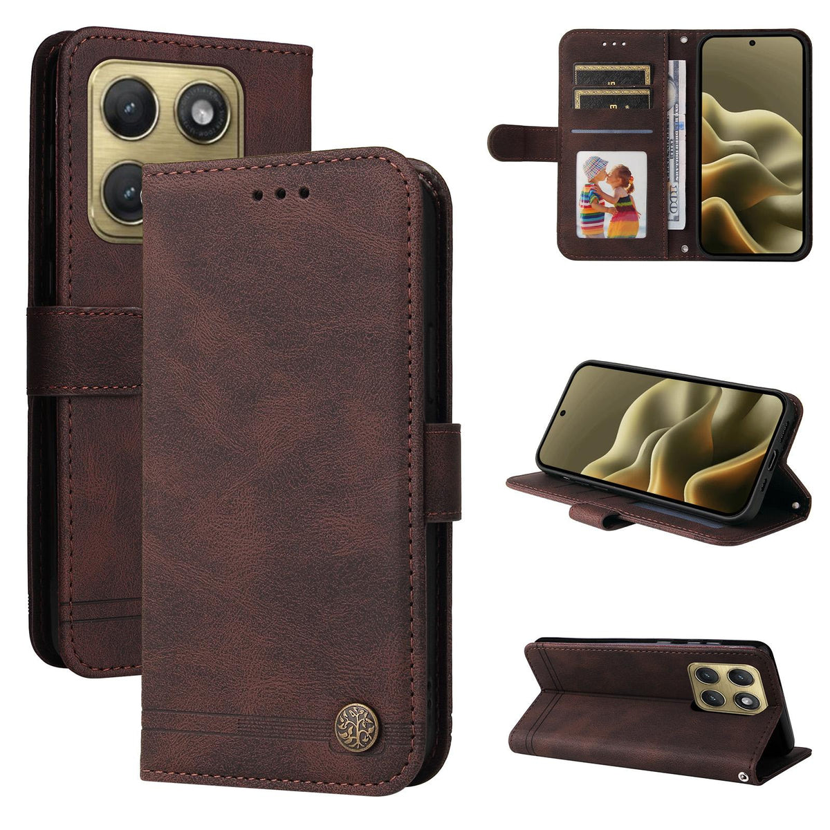 For Motorola Edge 5G 2026 Skin Feel Life Tree Metal Button Leather Phone Case - Brown - EDA007598119C