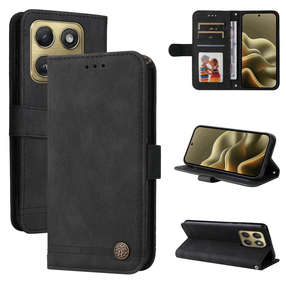 For Motorola Edge 5G 2026 Skin Feel Life Tree Metal Button Leather Phone Case - Black - EDA007598119D