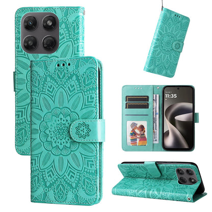 For Motorola Moto G47 / G37 / G37 Power 5G Embossed Sunflower Leather Phone Case - Green - EDA007601620D