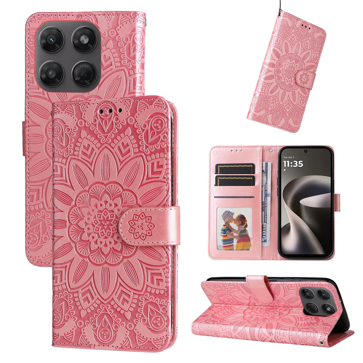 For Motorola Moto G47 / G37 / G37 Power 5G Embossed Sunflower Leather Phone Case - Rose Gold - EDA007601620E