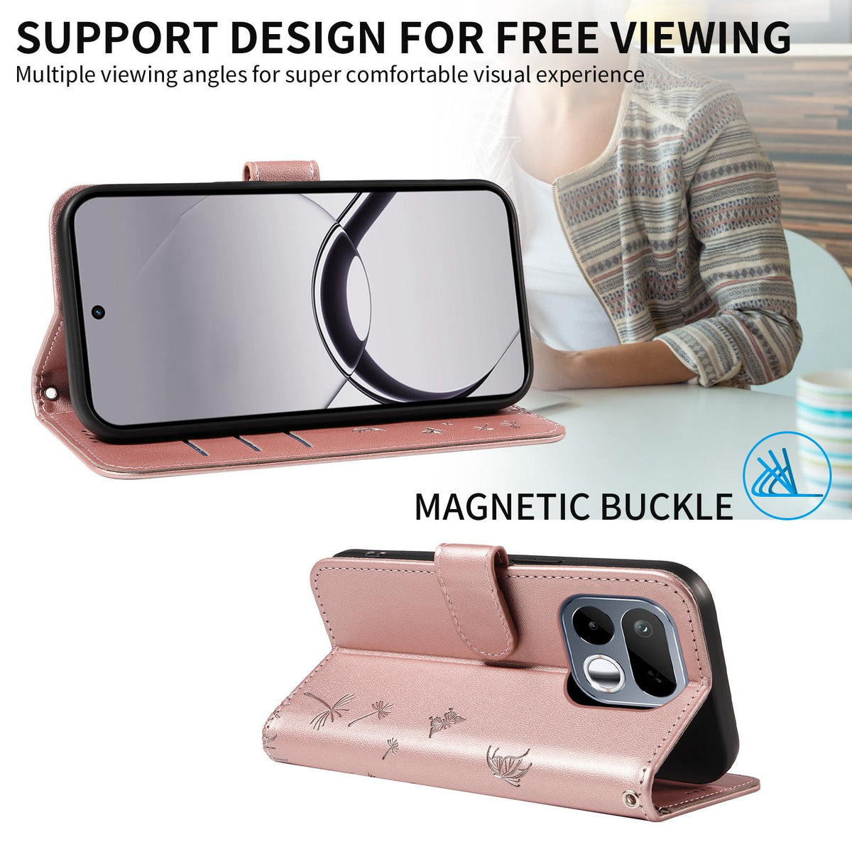 For Realme 16T 5G Dandelion Embossed Pattern Flip Leather Phone Case - Rose Gold - EDA007693609B