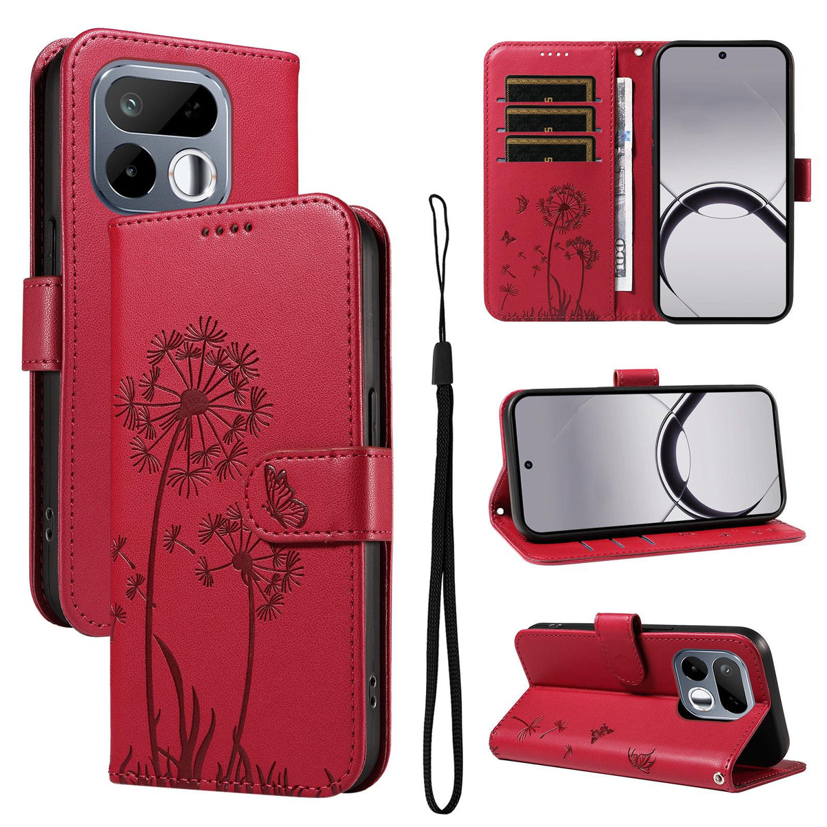 For Realme 16T 5G Dandelion Embossed Pattern Flip Leather Phone Case - Red - EDA007693609D