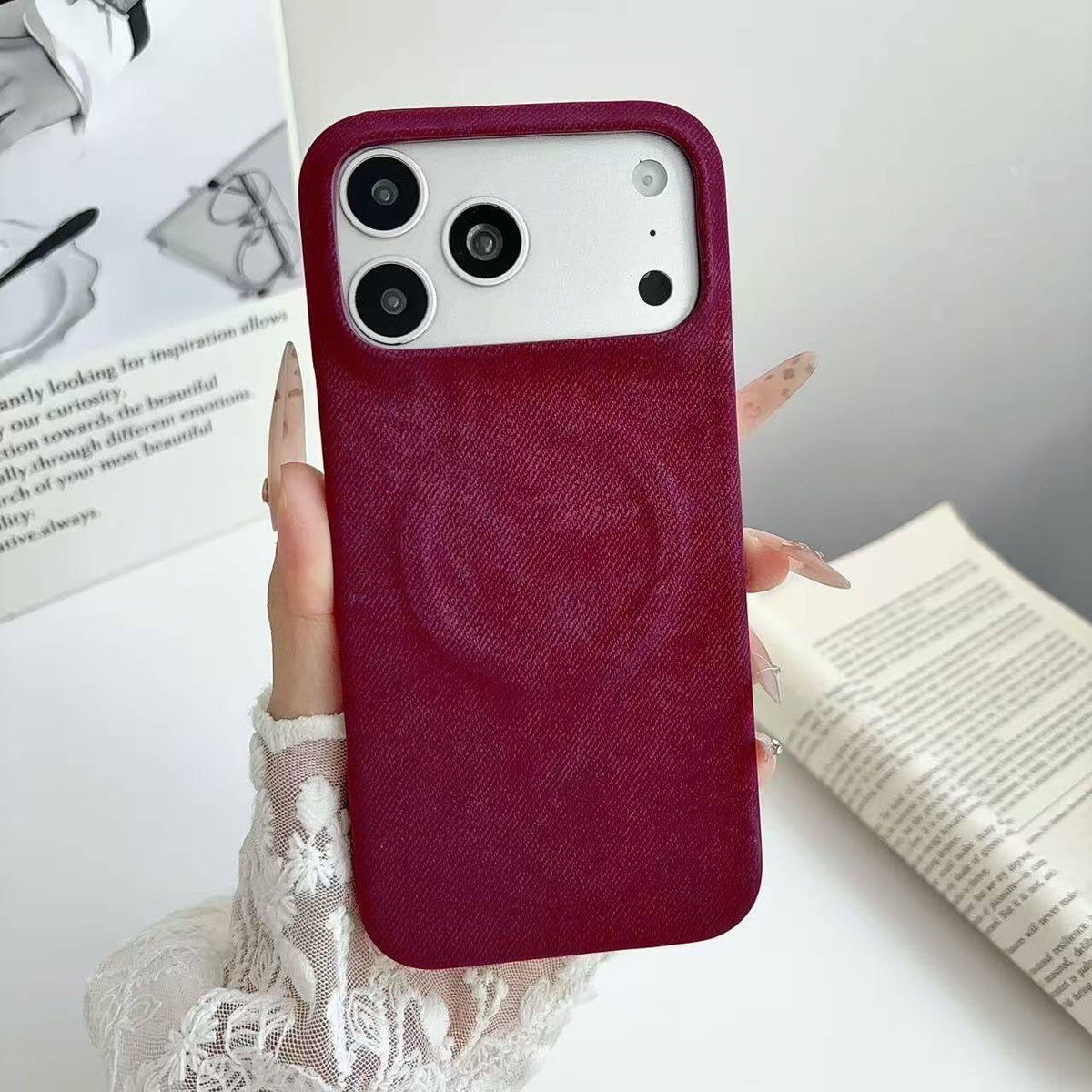 For iPhone 18 Pro Max Denim MagSafe Magnetic PC + PU Phone Case - Cherry Red - EDA007725822E
