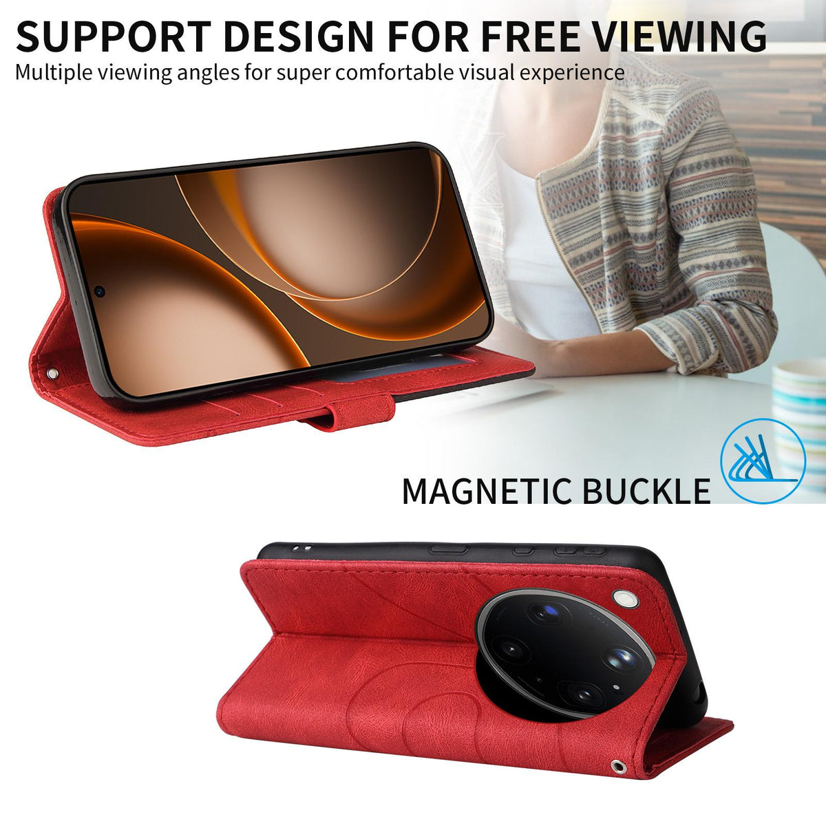 For OPPO Find X9 Ultra 5G Dual-color Splicing Flip Leather Phone Case - Red - EDA007758710B