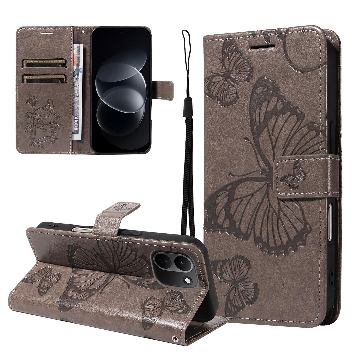 For Redmi Note 17 Pro+ 5G Global 163mm 3D Butterfly Embossed Pattern Flip Leather Phone Case(Grey)