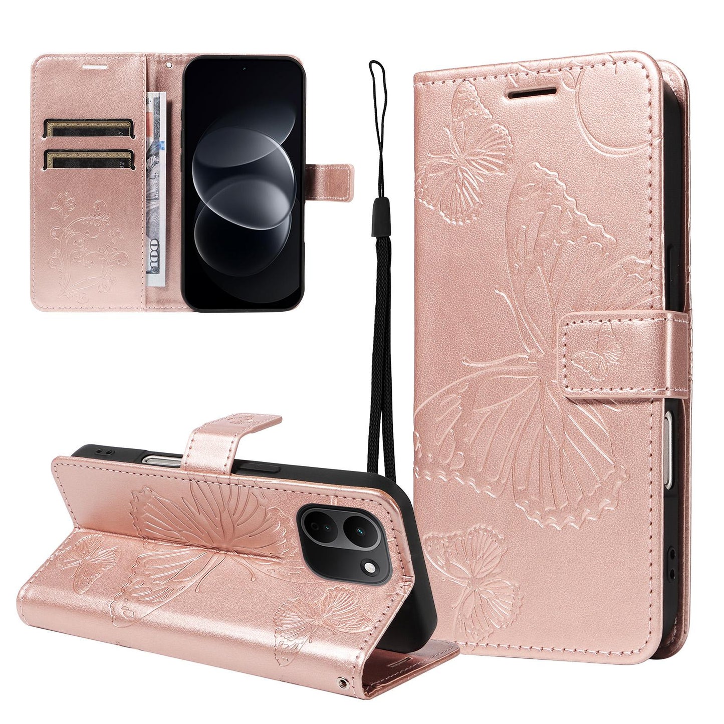 For Redmi Note 17 Pro+ 5G Global 163mm 3D Butterfly Embossed Pattern Flip Leather Phone Case(Rose Gold)