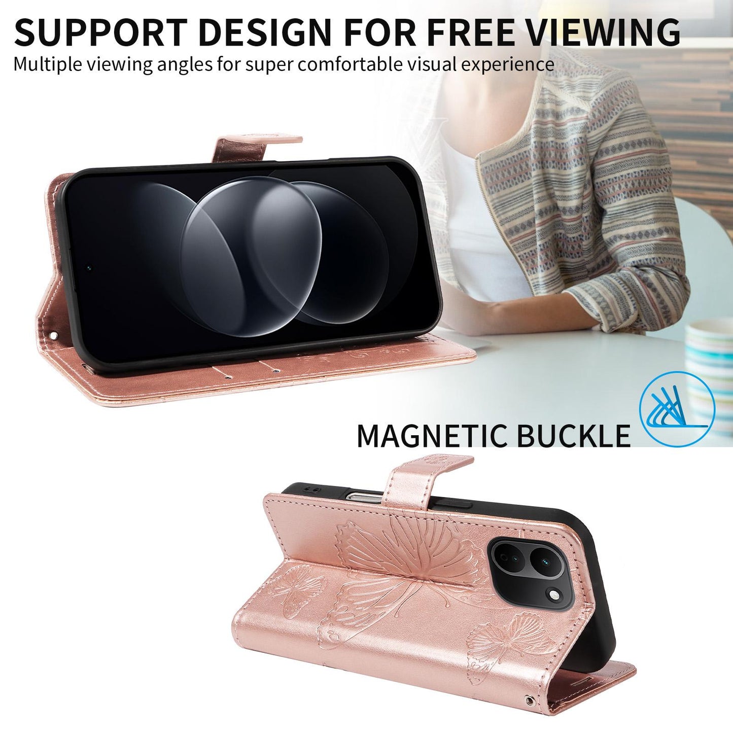 For Redmi Note 17 Pro+ 5G Global 163mm 3D Butterfly Embossed Pattern Flip Leather Phone Case(Rose Gold)