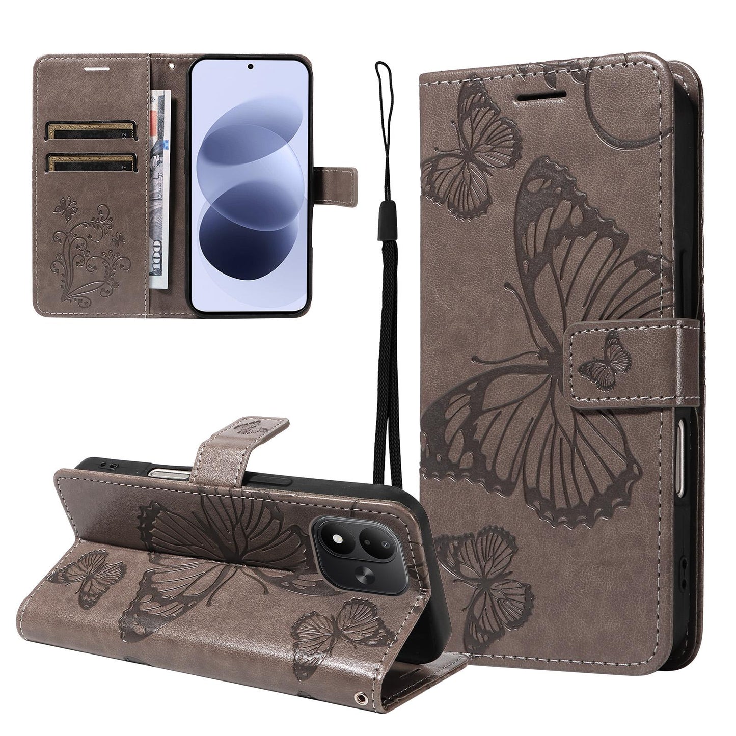 For Redmi Note 17 5G/4G Global 171mm 3D Butterfly Embossed Pattern Flip Leather Phone Case(Grey)