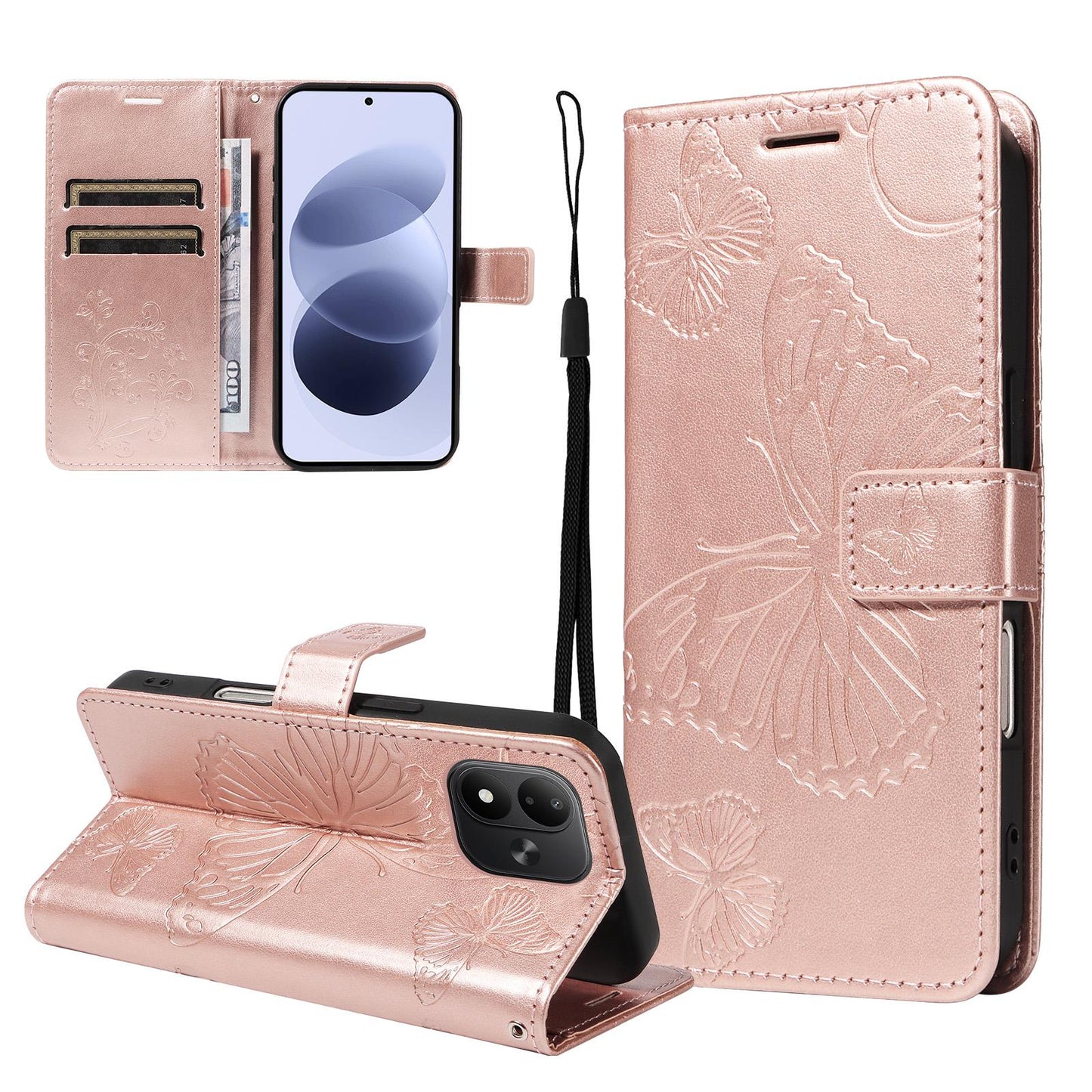 For Redmi Note 17 5G/4G Global 171mm 3D Butterfly Embossed Pattern Flip Leather Phone Case(Rose Gold)