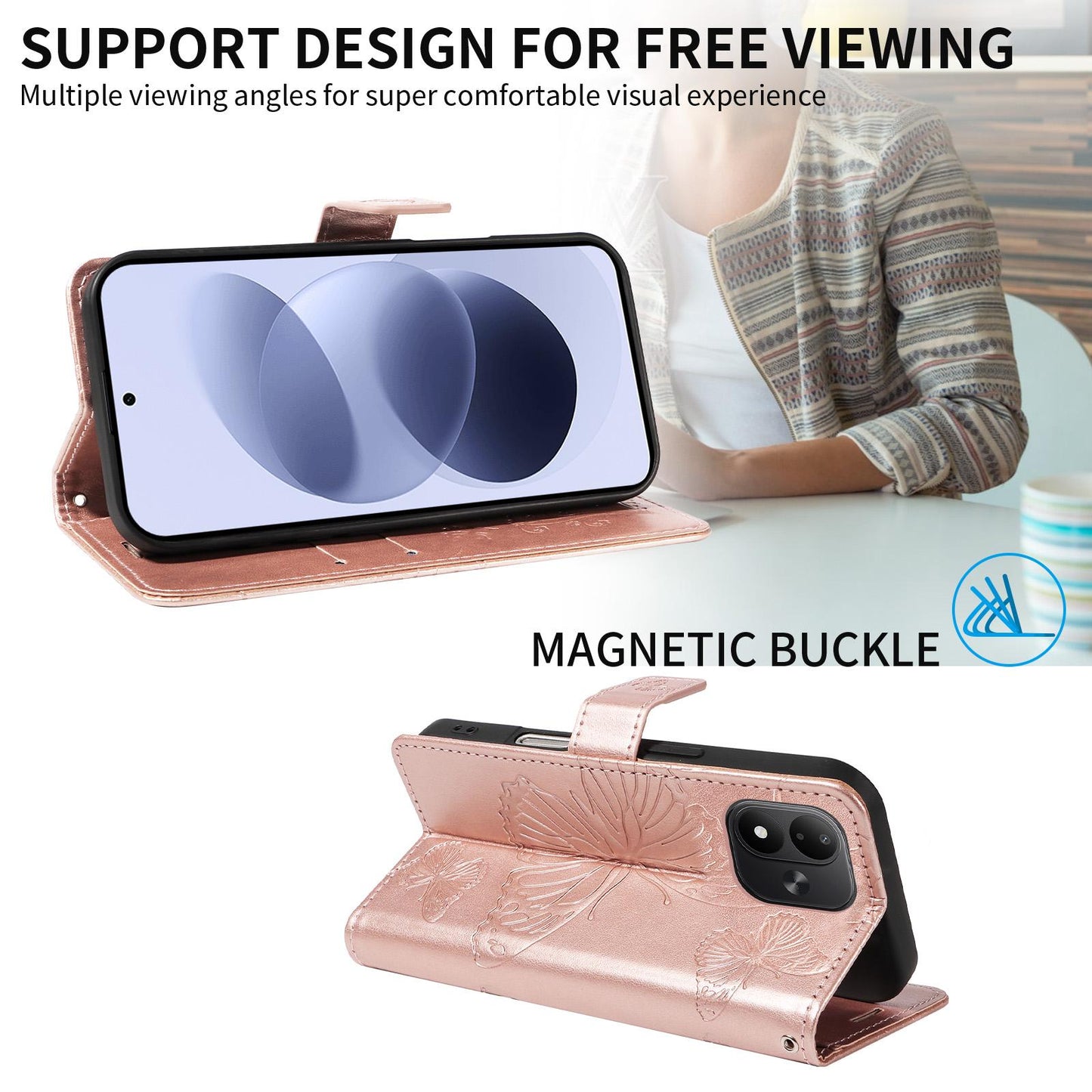 For Redmi Note 17 5G/4G Global 171mm 3D Butterfly Embossed Pattern Flip Leather Phone Case(Rose Gold)
