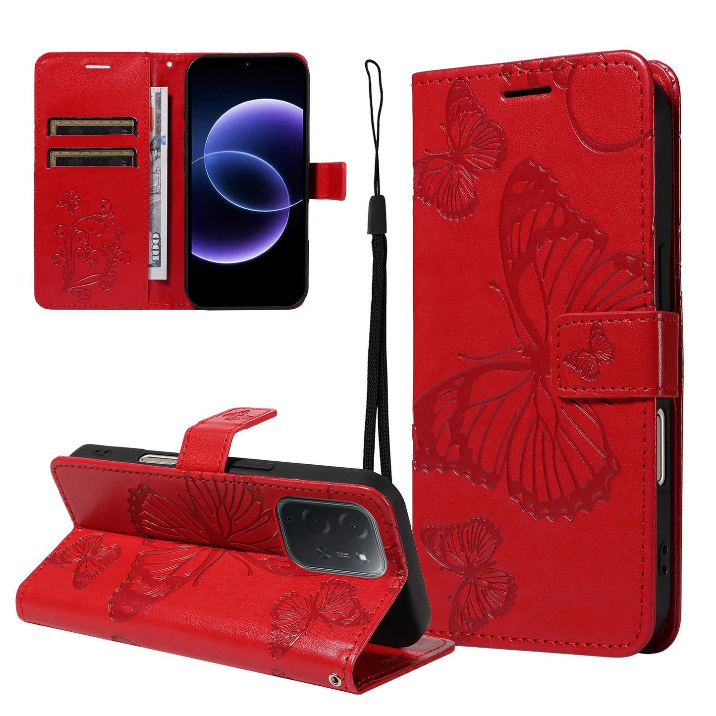 For Xiaomi Poco C95 Pro 3D Butterfly Embossed Pattern Flip Leather Phone Case(Red)