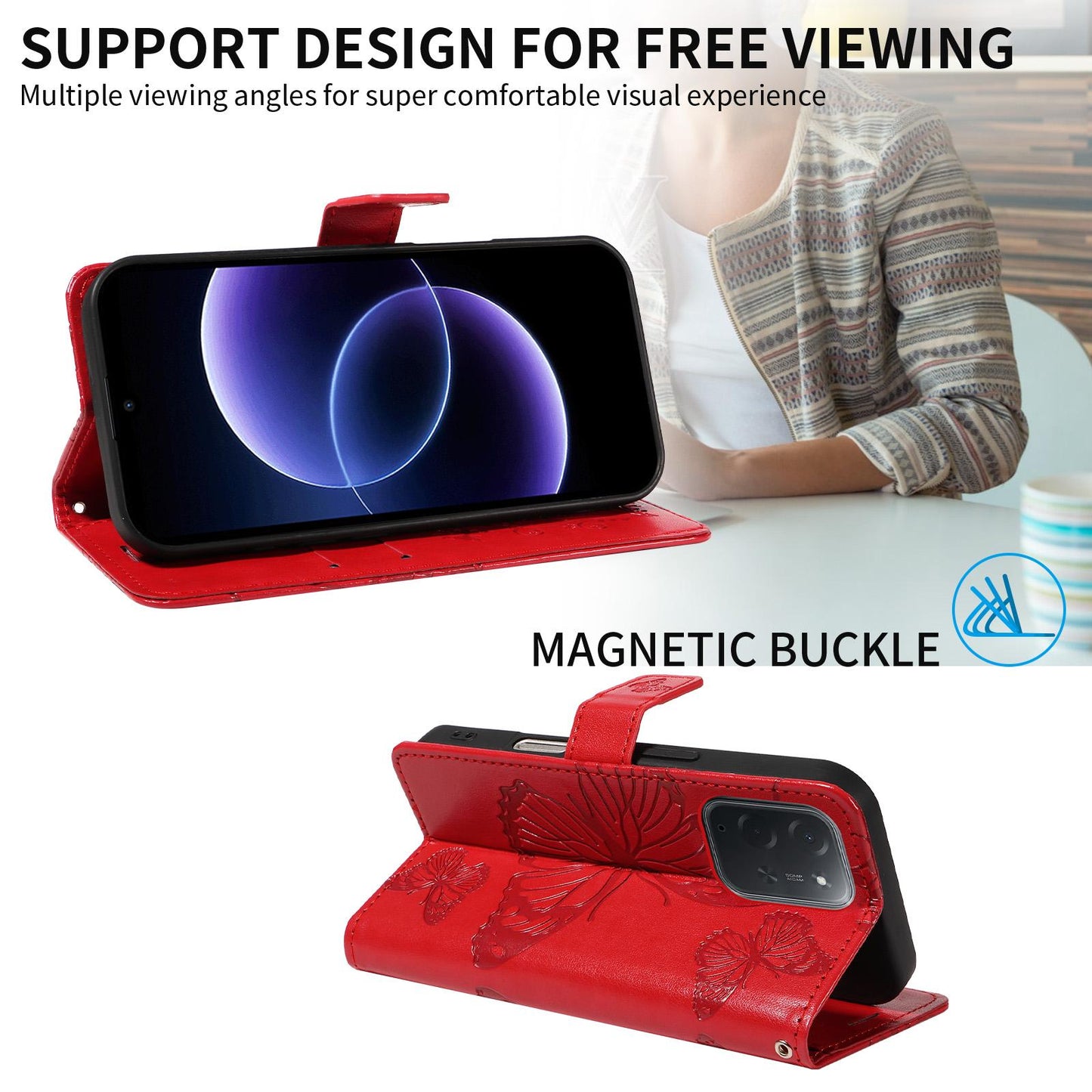 For Xiaomi Poco C95 Pro 3D Butterfly Embossed Pattern Flip Leather Phone Case(Red)