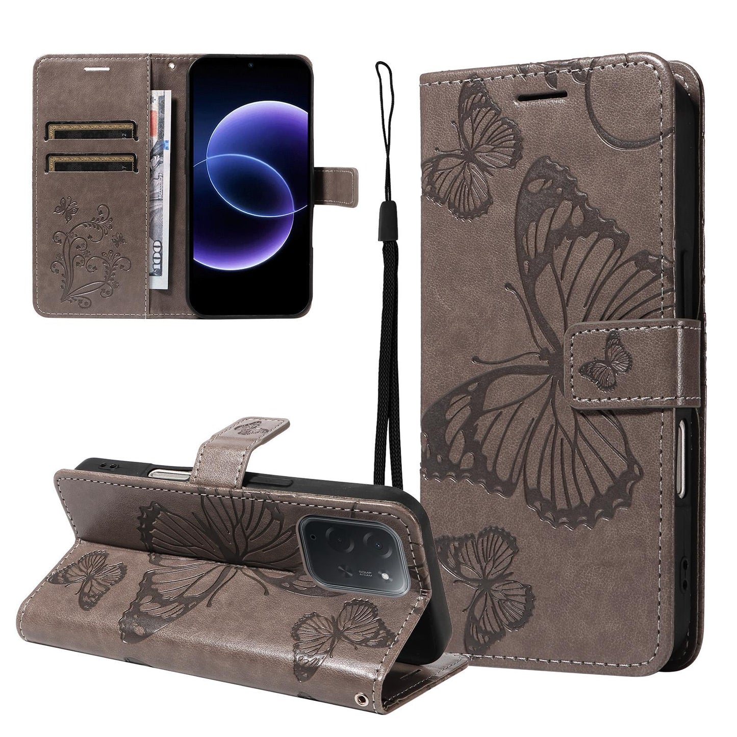 For Xiaomi Poco C95 Pro 3D Butterfly Embossed Pattern Flip Leather Phone Case(Grey)