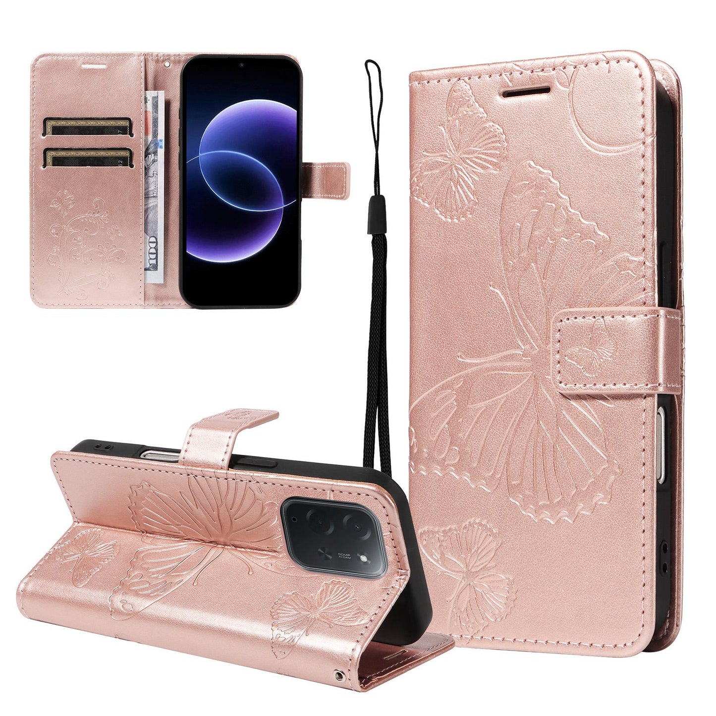 For Xiaomi Poco C95 Pro 3D Butterfly Embossed Pattern Flip Leather Phone Case(Rose Gold)