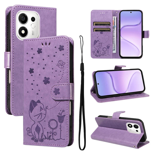 For Honor 600 Smart 5G Cat and Bee Embossed Flip Leather Phone Case - Purple - EDA007761513F