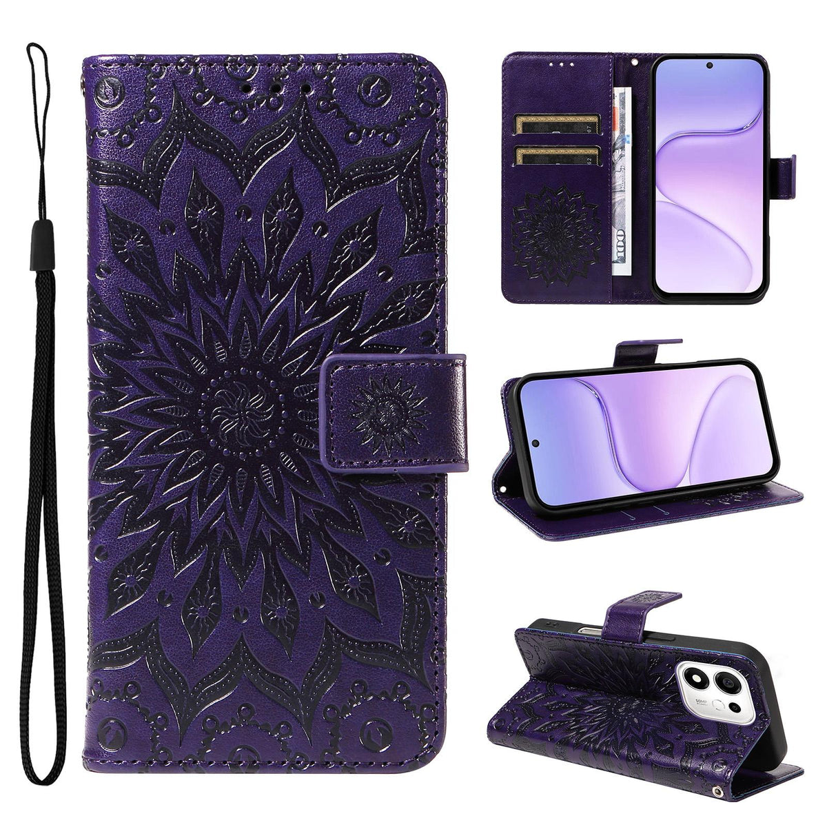 For Honor 600 Smart 5G Embossed Sunflower Pattern Flip Leather Phone Case - Purple - EDA007762513A