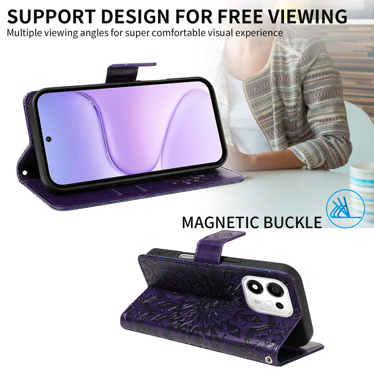 For Honor 600 Smart 5G Embossed Sunflower Pattern Flip Leather Phone Case - Purple - EDA007762513A