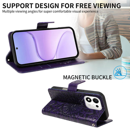 For Honor 600 Smart 5G Embossed Sunflower Pattern Flip Leather Phone Case - Purple - EDA007762513A