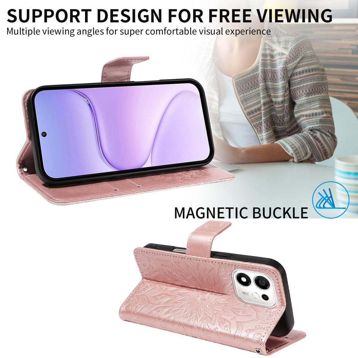 For Honor 600 Smart 5G Embossed Sunflower Pattern Flip Leather Phone Case - Rose Gold - EDA007762513B