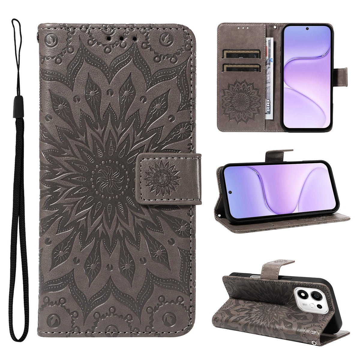 For Honor 600 Smart 5G Embossed Sunflower Pattern Flip Leather Phone Case - Grey - EDA007762513C