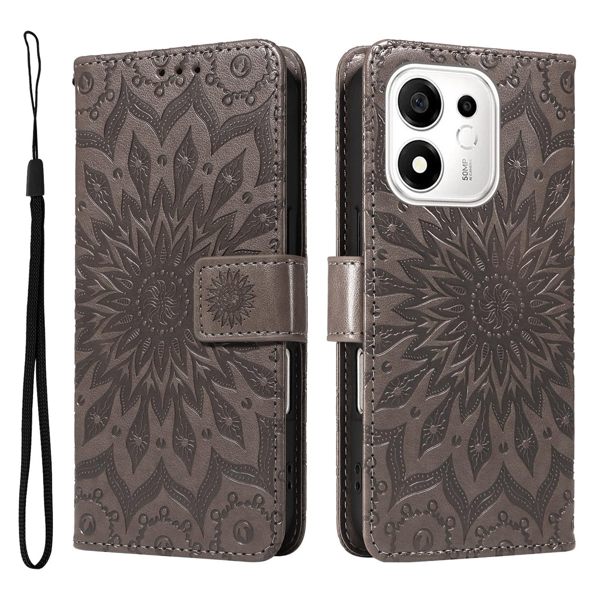 For Honor 600 Smart 5G Embossed Sunflower Pattern Flip Leather Phone Case - Grey - EDA007762513C
