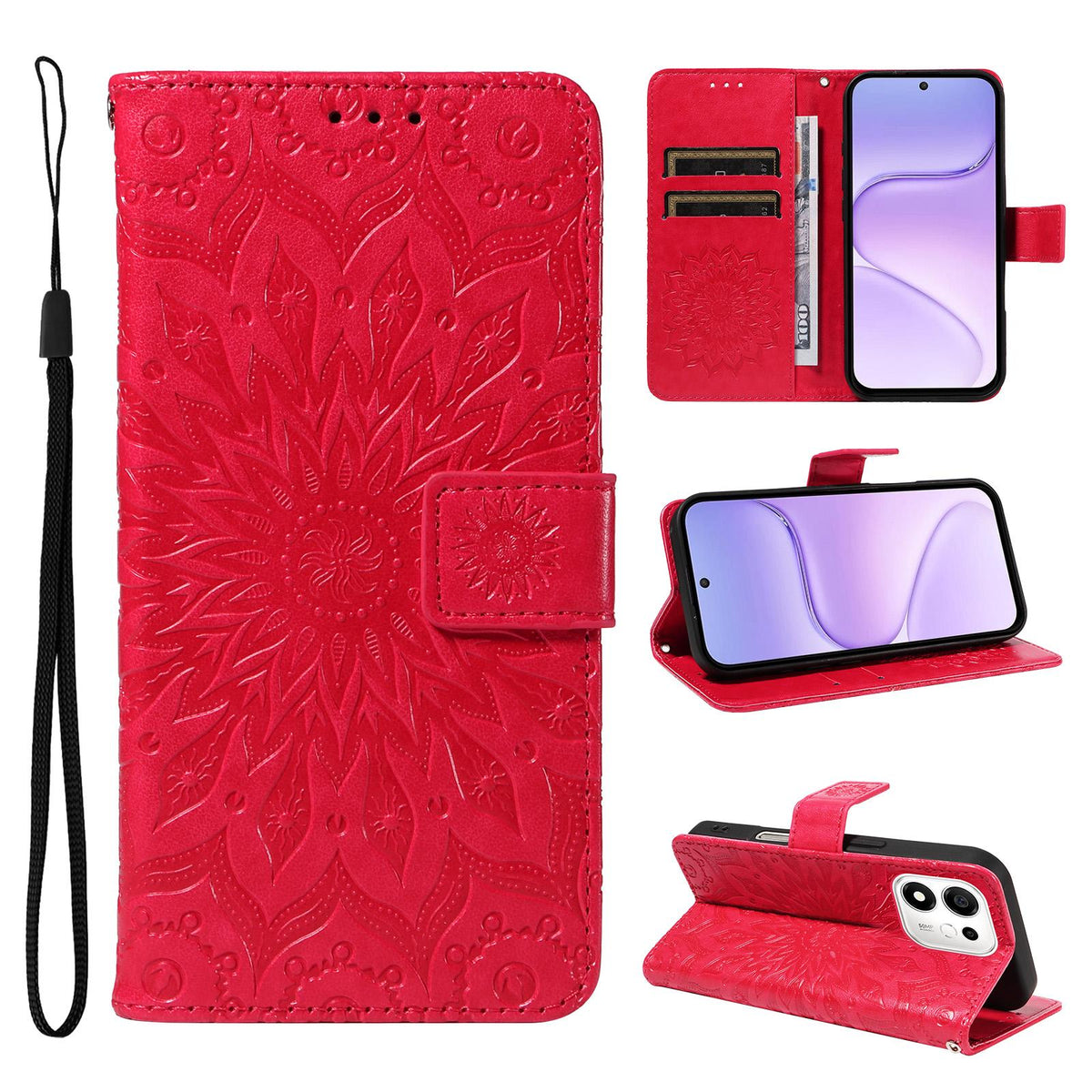For Honor 600 Smart 5G Embossed Sunflower Pattern Flip Leather Phone Case - Red - EDA007762513D