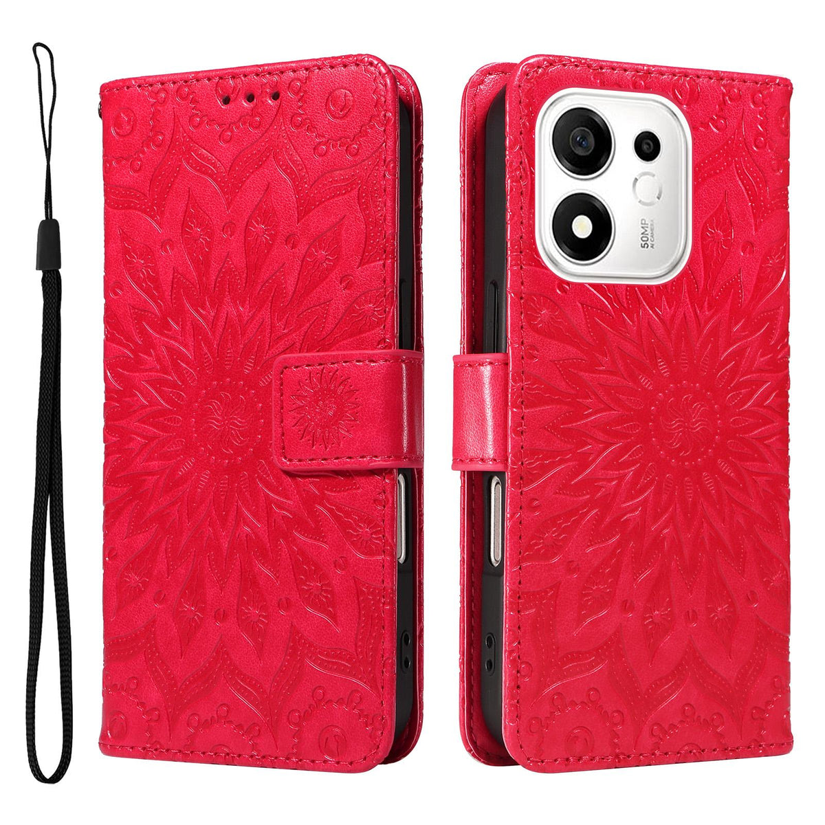 For Honor 600 Smart 5G Embossed Sunflower Pattern Flip Leather Phone Case - Red - EDA007762513D