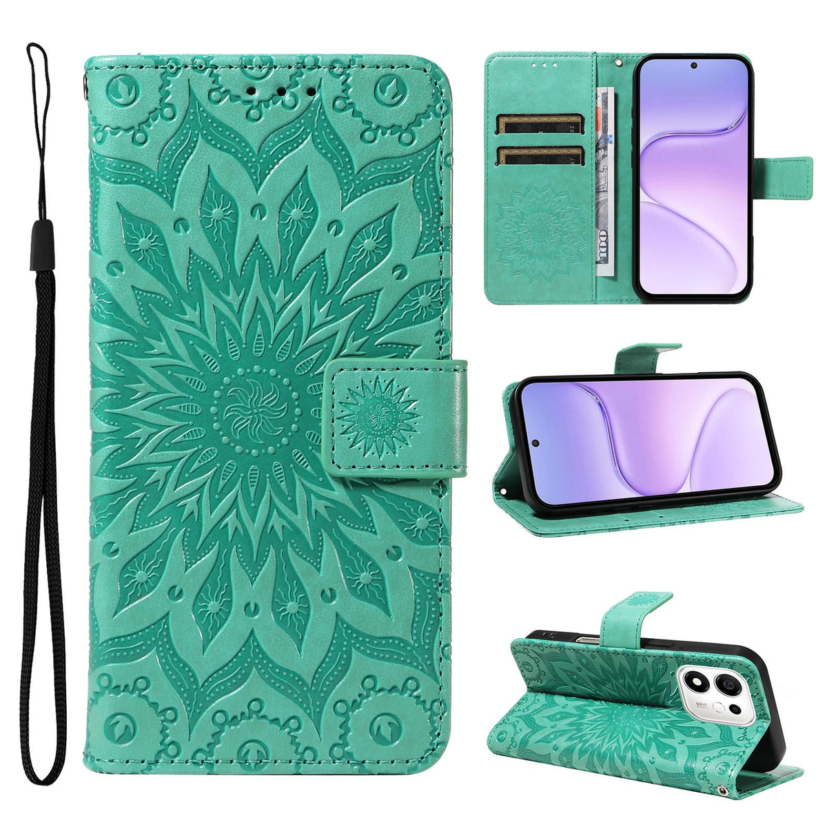 For Honor 600 Smart 5G Embossed Sunflower Pattern Flip Leather Phone Case - Green - EDA007762513F