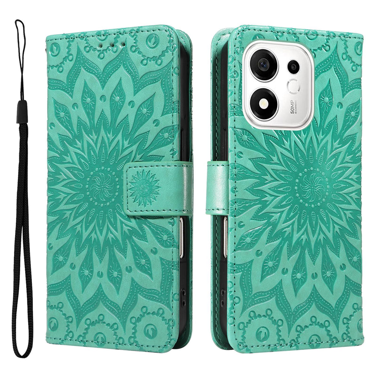 For Honor 600 Smart 5G Embossed Sunflower Pattern Flip Leather Phone Case - Green - EDA007762513F