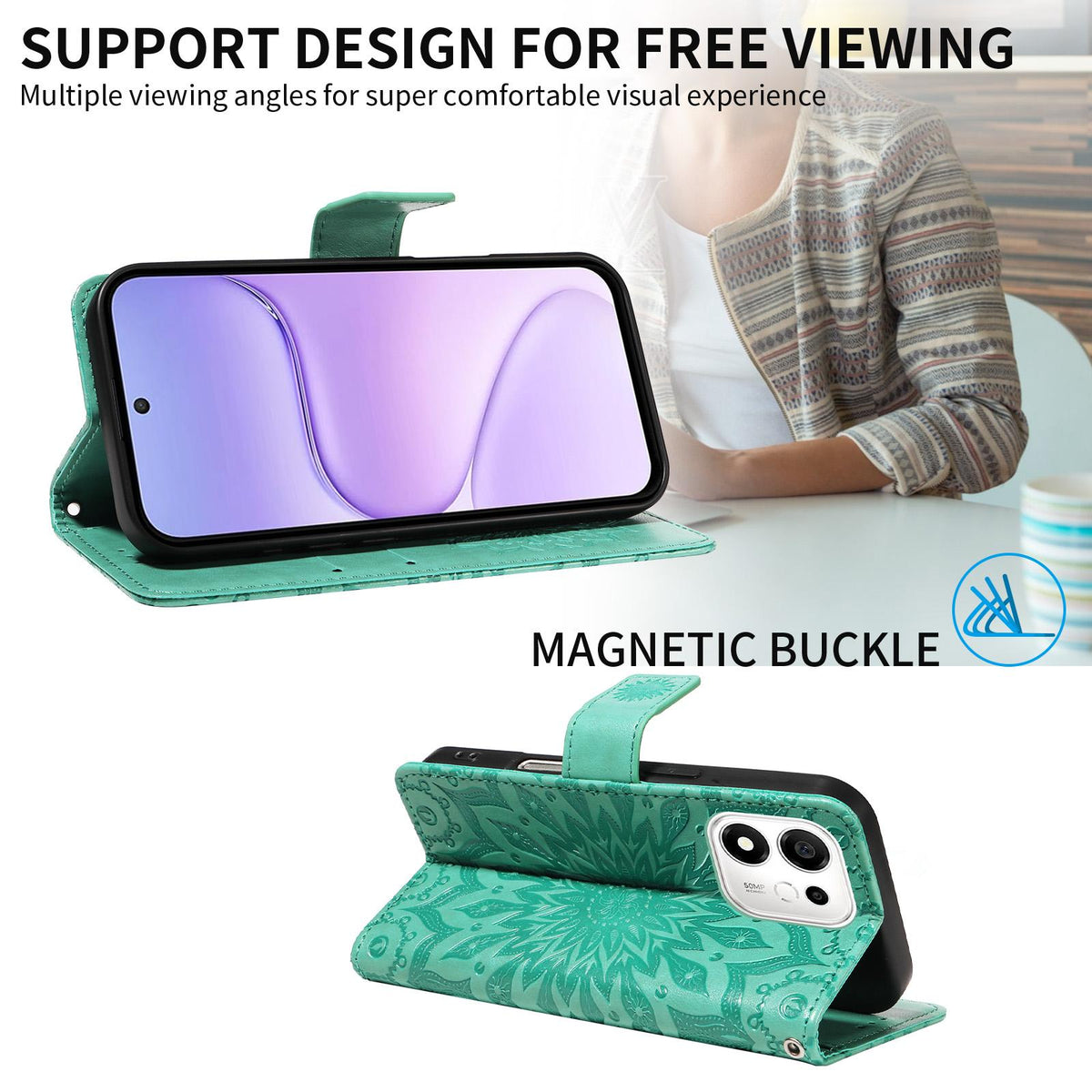 For Honor 600 Smart 5G Embossed Sunflower Pattern Flip Leather Phone Case - Green - EDA007762513F