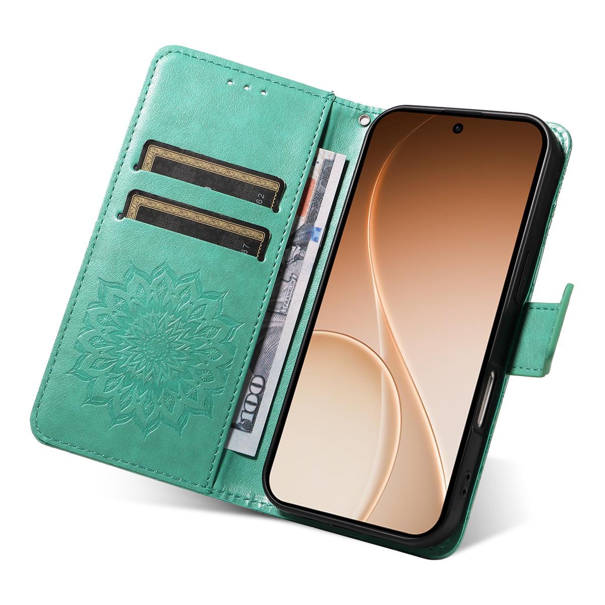 For Honor 600 Smart 5G Embossed Sunflower Pattern Flip Leather Phone Case - Green - EDA007762513F
