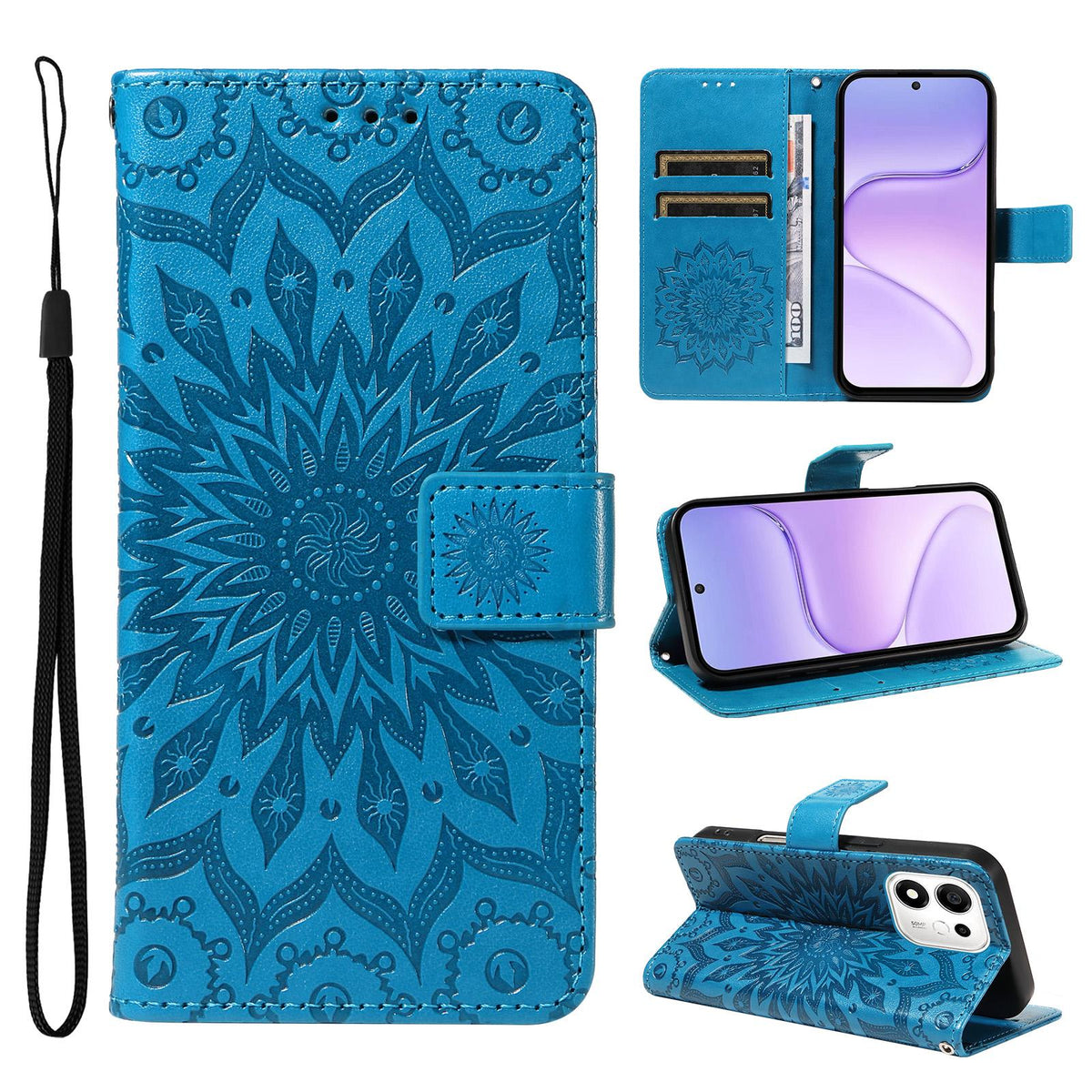 For Honor 600 Smart 5G Embossed Sunflower Pattern Flip Leather Phone Case - Blue - EDA007762513G