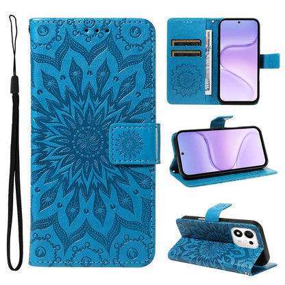 For Honor 600 Smart 5G Embossed Sunflower Pattern Flip Leather Phone Case - Blue - EDA007762513G