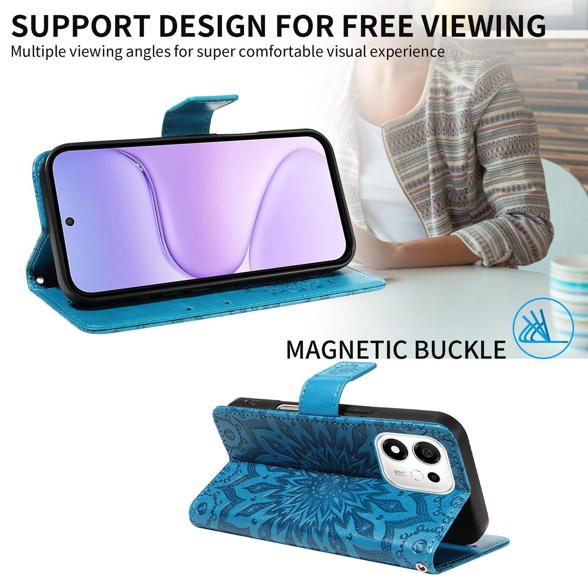For Honor 600 Smart 5G Embossed Sunflower Pattern Flip Leather Phone Case - Blue - EDA007762513G