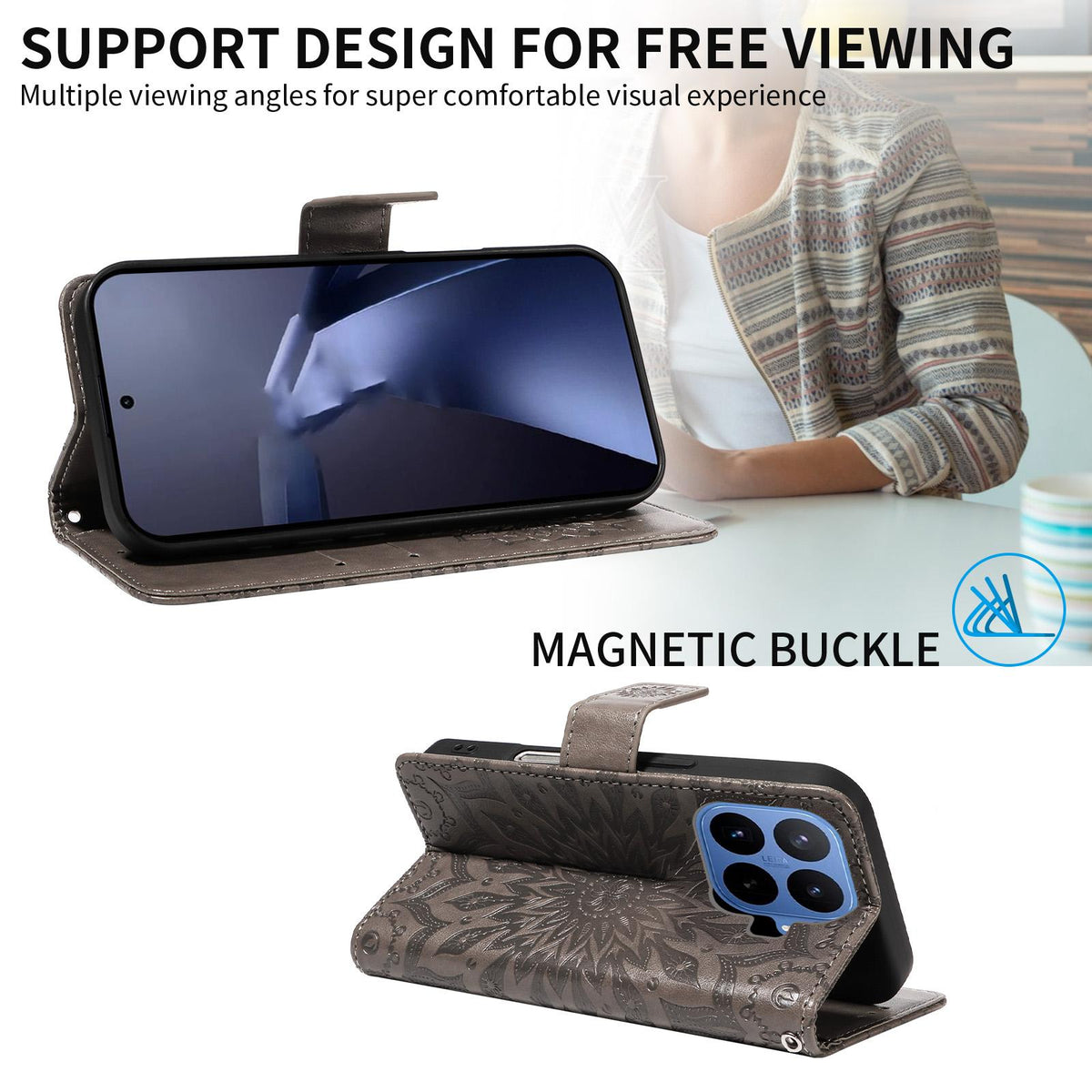 For Xiaomi 17T 5G Global Embossed Sunflower Pattern Flip Leather Phone Case - Grey - EDA007762813C