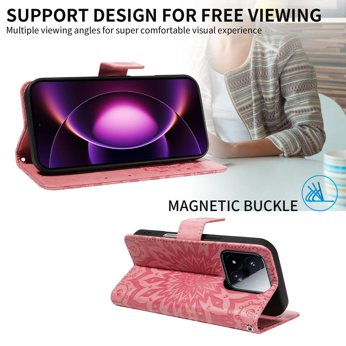 For Xiaomi 17 Max 5G Embossed Sunflower Pattern Flip Leather Phone Case - Pink - EDA007762814E