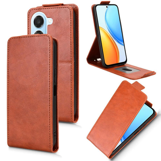 For Honor X7e 4G / Play 80 Plus 5G Magnetic Vertical Flip Leather Phone Case with Buckle - Brown - EDA007846817D